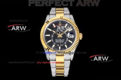 Best Swiss Clone Rolex Sky-Dweller Black Dial Diamond Band Two tone Gold Watch